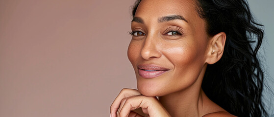 Confident Woman with Natural Makeup and Curly Hair. Generative AI. 