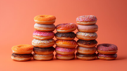assorted donuts on a bold pink, orange minimalist background. assorted Donuts stock photo