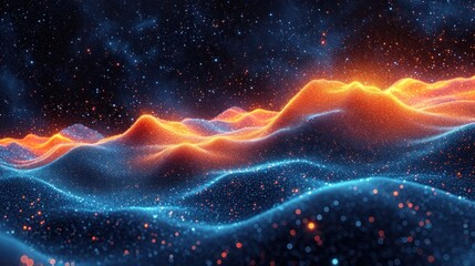 Obraz premium a computer generated image of a mountain range in space with stars and dust in the foreground and a star filled sky in the background.