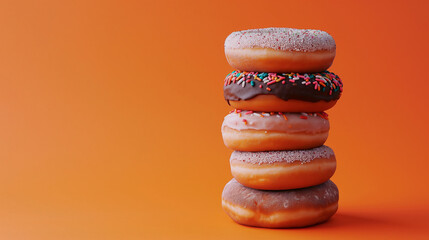 assorted donuts on a bold orange minimalist background. assorted Donuts stock photo