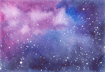 Fototapeta na wymiar Fantastic night sky, space, nebula, galaxy watercolor hand-drawn illustration. Abstract background, banner for design and decoration. Watercolor textured multicolored spot with a gradient.
