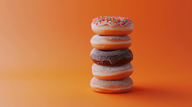 assorted donuts on a bold orange minimalist background. assorted Donuts stock photo