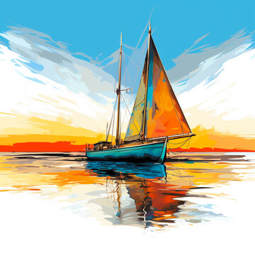 Brightly colored drawing of a sailboat in the water with space for sailing on a summer holiday on the open sea.