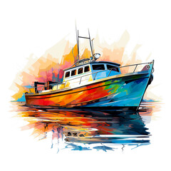 A colorful painting of a small fishing boat in the sea.