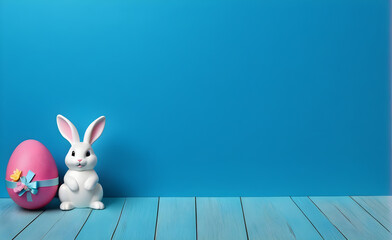 Easter a bunny and eggs on indoor. copy space. template. Generative AI
