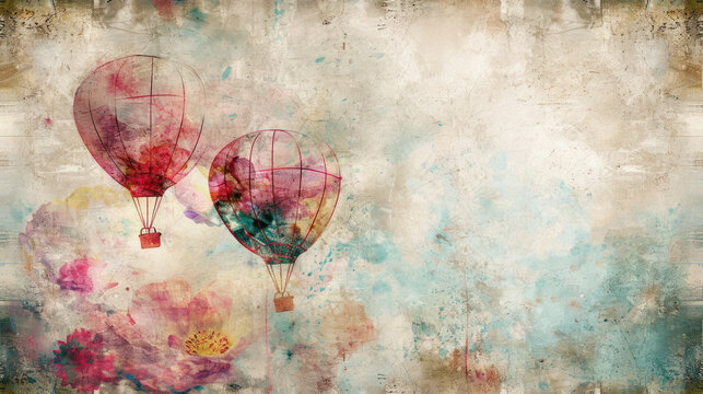  a painting of three hot air balloons floating in the air over a painting of a sky with clouds and watercolors.