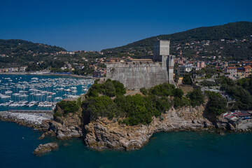 Aerial view of Lerici Castle. Italian resorts on the Ligurian coast aerial view. Vivid beautiful town Lerici in Liguria, Italy. Yachts and boats.