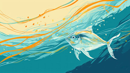 Fototapeta na wymiar a painting of a fish swimming in a body of water with orange and blue swirls coming out of it.