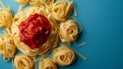 flat lay of pasta with tomato sauce, bold minimalist still life. backgrpund