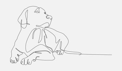one continuous line drawing of a retriever dog sitting and relaxing. editable stroke. vector illustration.