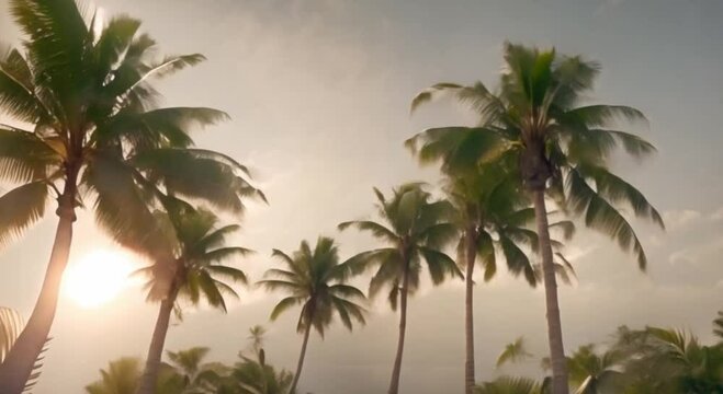 view of coconut trees being blown by the wind