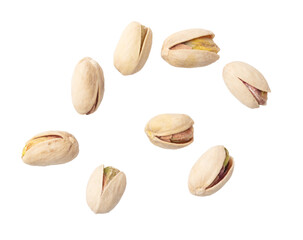 Fresh pistachios isolated on white background. Macro