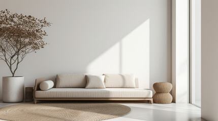 Fototapeta na wymiar Minimalist interior composition with a sofa next to a window