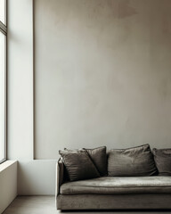 Minimalist interior composition with a sofa next to a window