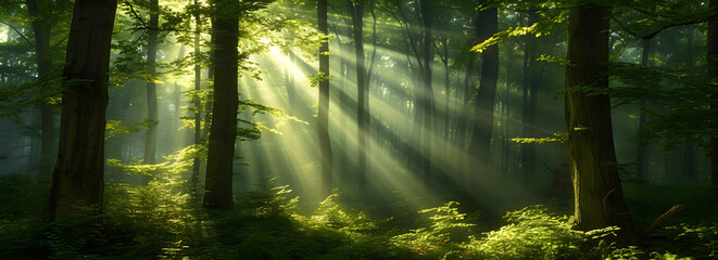 Panoramic view of a forest with sun rays piercing through the trees, creating a beautiful sunrise over the green landscape. A depiction of the serene and natural beauty of a green forest in nature.