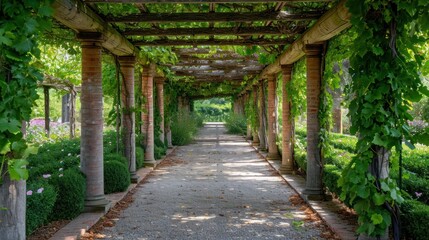 Obraz premium a walkway lined with lots of greenery next to a lush green forest filled with lots of purple and white flowers.