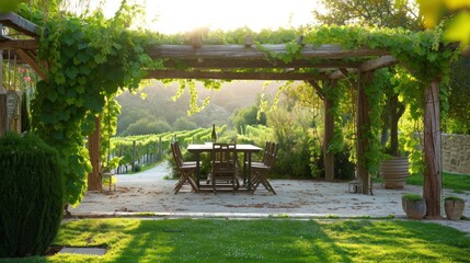  a patio with a table and chairs under a pergolated pergolated arbor with a view of a vineyard in the distance.