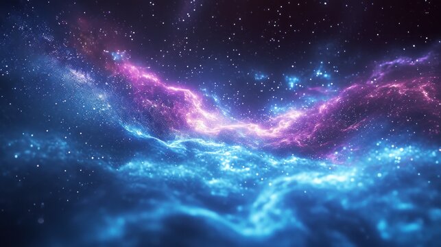  an image of a space scene with stars and a bright blue and purple swirl on the left side of the image.