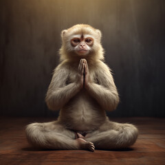 monkey sitting on the floor in lotus pose and making yoga