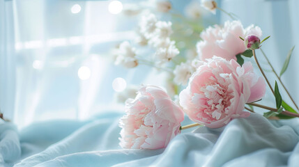  a bouquet of pink flowers sitting on top of a blue bed comforter next to a window with white curtains.