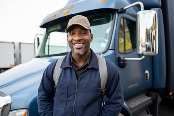 Happy black professional driver standing by his truck
