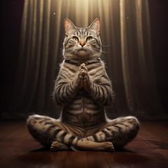 Cat sitting on the floor in lotus pose and making yoga