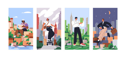 Giant people in city, vertical cards set. Modern urban lifestyle concept. Big huge characters life. Businessman among buildings, gigantic student reading outdoor. Fantastic flat vector illustrations