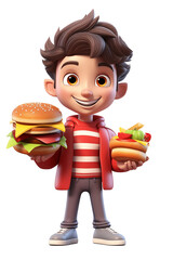 funny cartoon boy character eating a cheeseburger. 3d render