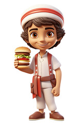 funny cartoon Arabian boy character eating a cheeseburger. 3d render