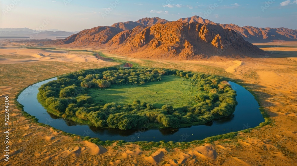 Poster an aerial view of a circular shaped area in the middle of a desert with mountains in the background 