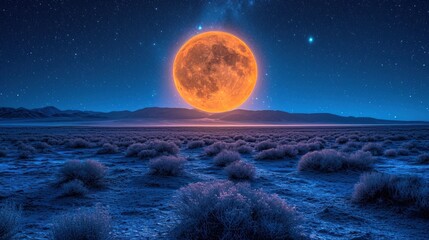  a full moon is seen in the sky above a desert landscape with bushes and bushes in the foreground and a distant mountain range in the distance.