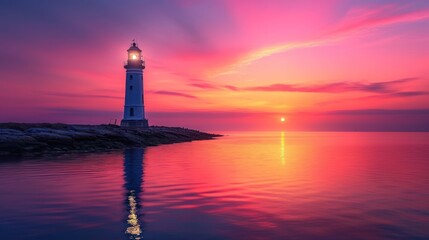  a light house sitting on top of a body of water under a purple and pink sky with clouds in the background.