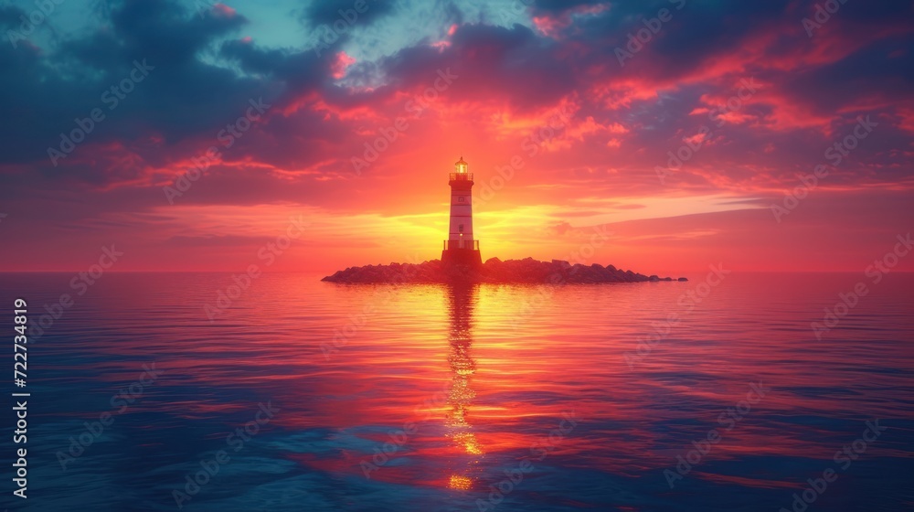 Poster a lighthouse sitting on top of a small island in the middle of the ocean with a sunset in the backgr