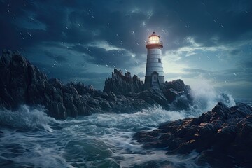 Fototapeta na wymiar lighthouse on the coast of the sea generative ai
