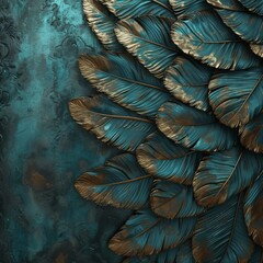 Metallic Edges in Epic Fantasy Scenes with Detailed Feather rendering in Dark Turquoise and Dark Gold - Spectacular Metal Fantasy Feather Backdrop created with Generative AI Technology