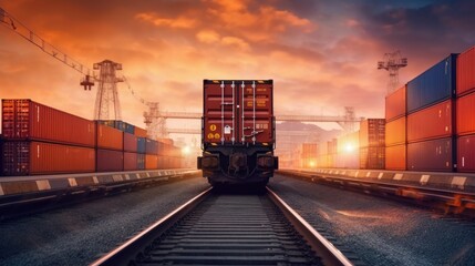 Cargo train platform. Train container cargo. Logistic import and export. Transportation logistics and service. Generative AI.