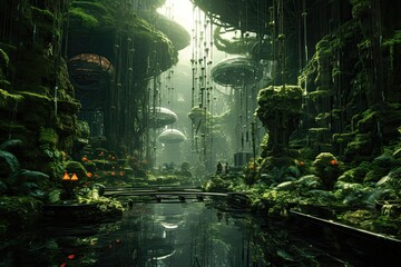 A lush jungle intertwined with futuristic cybernet generative ai - obrazy, fototapety, plakaty