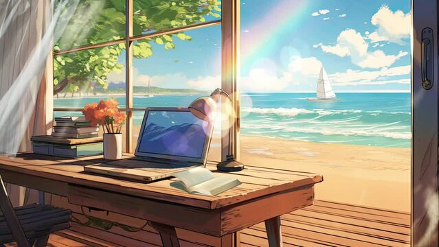 Reading Room with Table, Chairs, Books, Laptop, Beautiful Sea View from The Window - Cartoon or Japanese Anime Watercolor Illustration Painting Style. Looping 4 K Virtual Video Animation Background