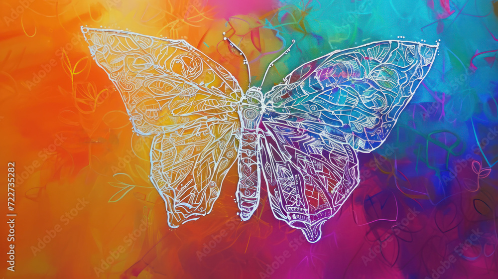 Poster a drawing of a butterfly on a multicolored background with the words butterfly on the side of the bu