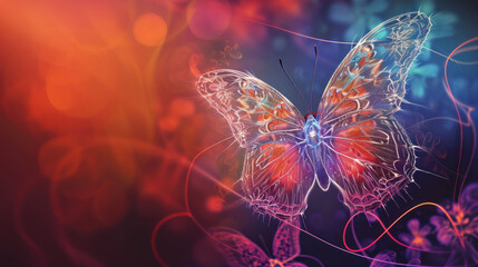  a colorful butterfly sitting on top of a purple and red flower filled field of flowers in front of a blue, orange, and pink background.