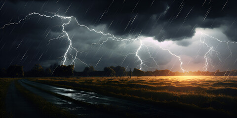 Lightning strike in the sky over the rive AI Generative - obrazy, fototapety, plakaty