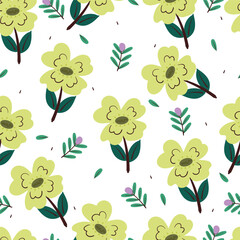 seamless pattern cartoon flower and leaves. cute plant wallpaper and background for gift wrap paper