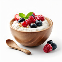 yogurt with berries on white 