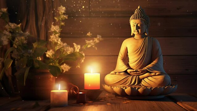 Quiet Reflections: A Buddha Statue Bathed in Candlelight on Rustic Wood