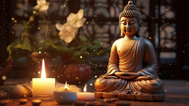 Zen Shadows: The Play of Light and Dark around a Buddha Statue Indoors