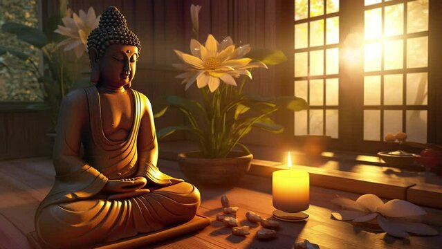Illuminated Tranquility: A Tea Light and Buddha Statue in a Cozy Indoor Haven