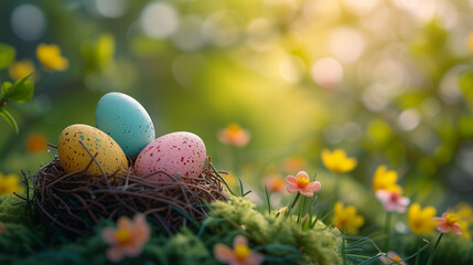 easter eggs in grass with warm soft sunlight, Spring Easter concept