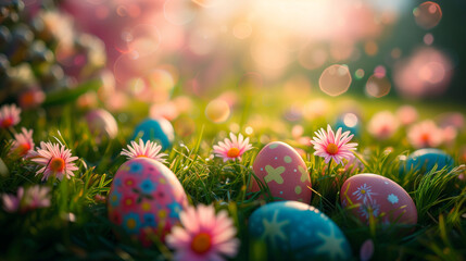 easter eggs on grass with soft warm sunlight, Spring Easter concept