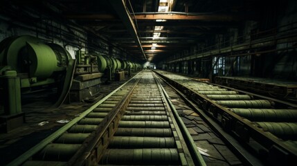 An old conveyor belt at an abandoned factory. Bankruptcy, production crisis.