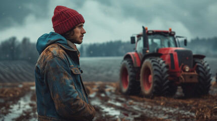 farmer with tractor looking depressed, International farmer protest concept